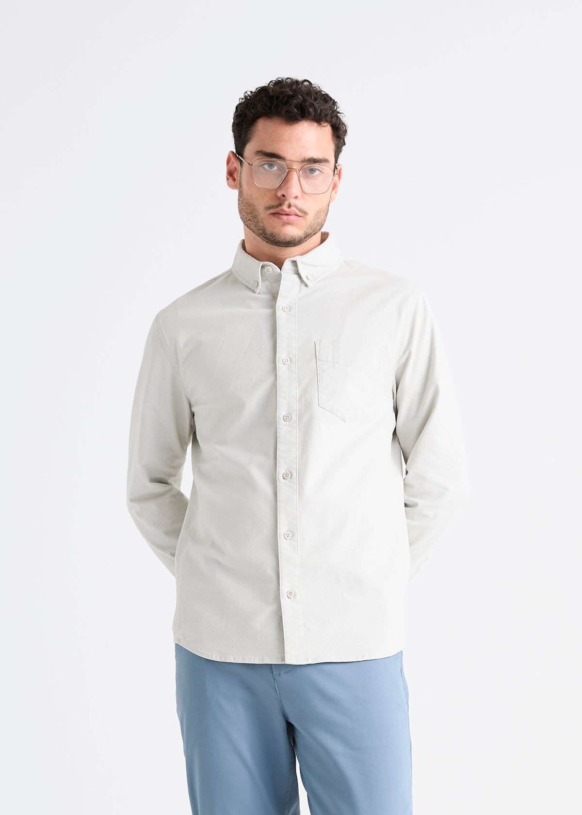 mens off-white stretch button down shirt front