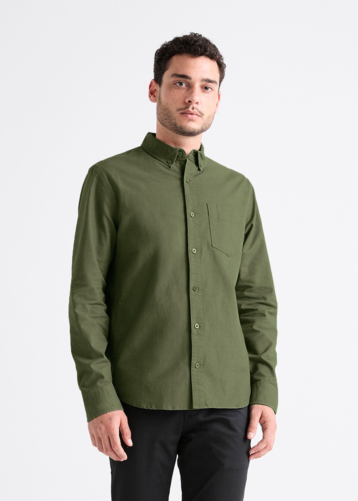 mens green stretch button down shirt front
