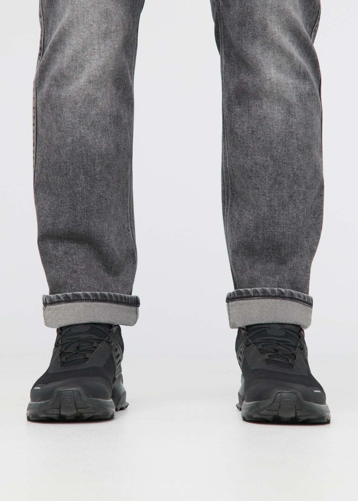 mens fleece-lined washed down black denim cuff showing fleece-lined inside