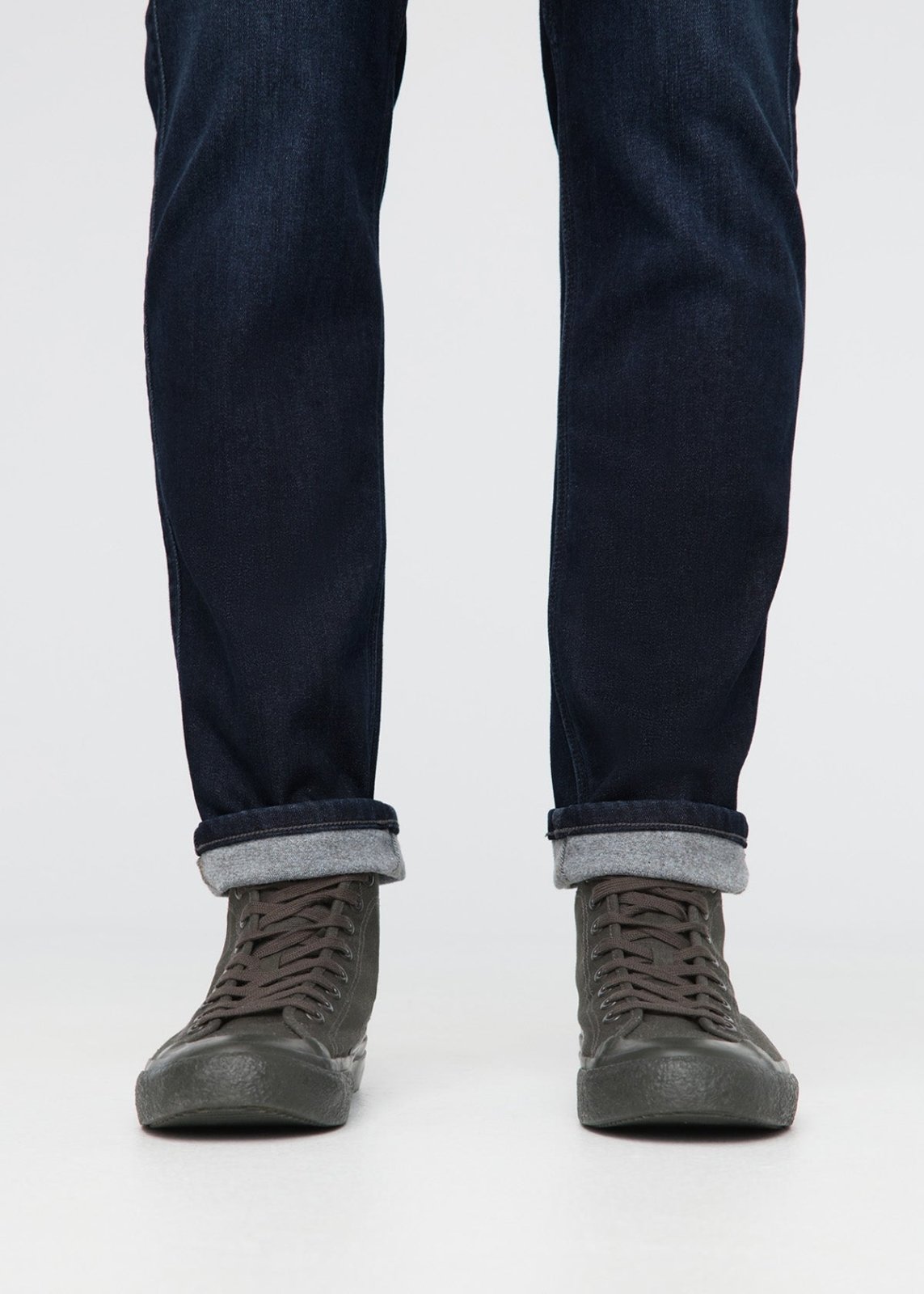 mens dark wash slim fit fleece stretch jeans ankle cuff detail