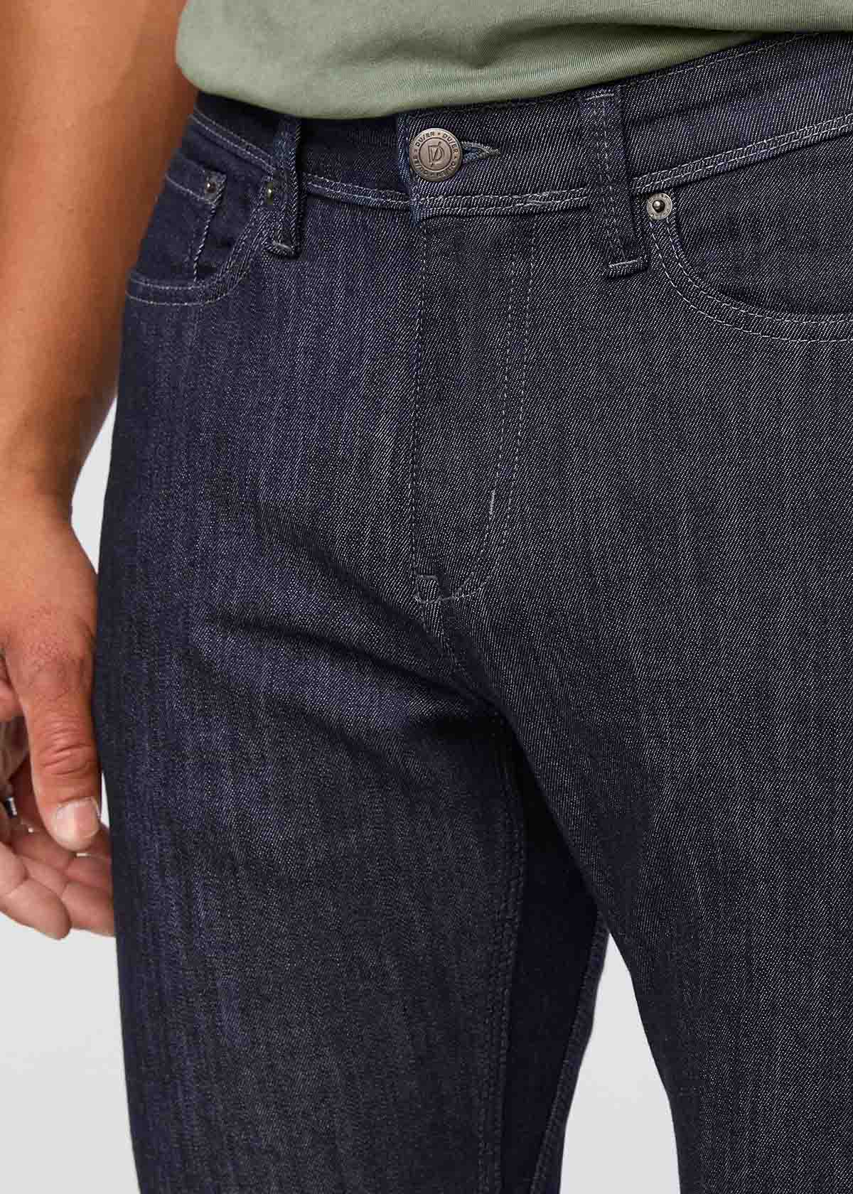 mens dark wash relaxed fit stretch jeans front waistband detail