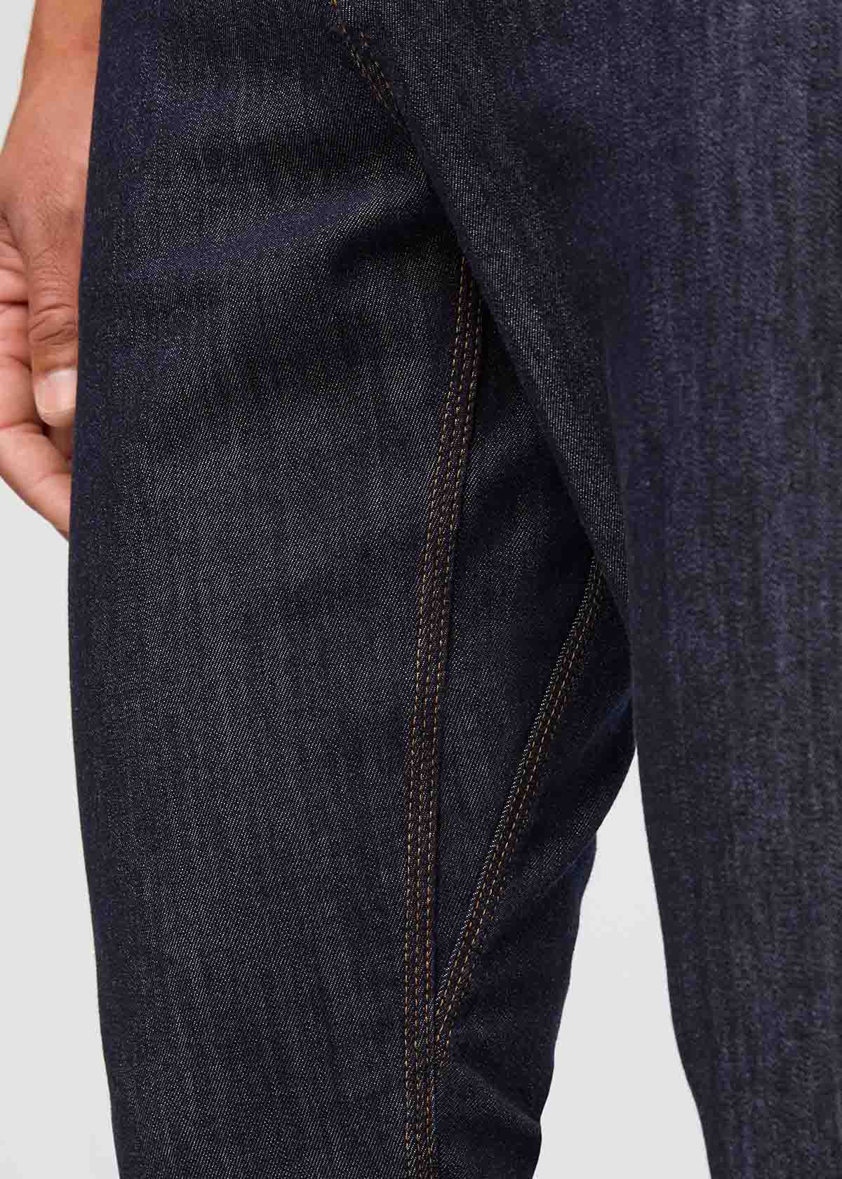 mens dark blue wash relaxed fit stretch jeans gusset detail
