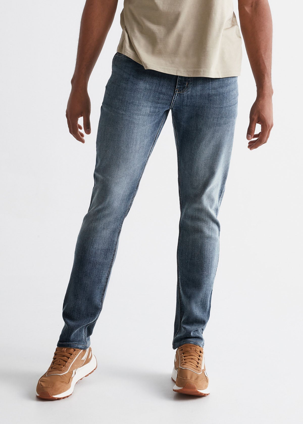 mens relaxed fit light blue stretch jeans front