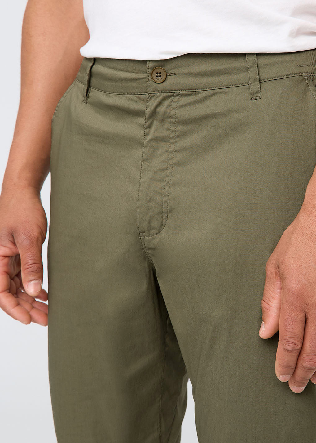mens moss lightweight summer travel pants front waistband detail