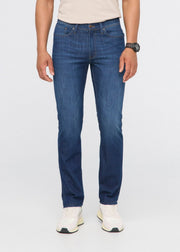 mens performance denim lite slim straight worn in indigo front
