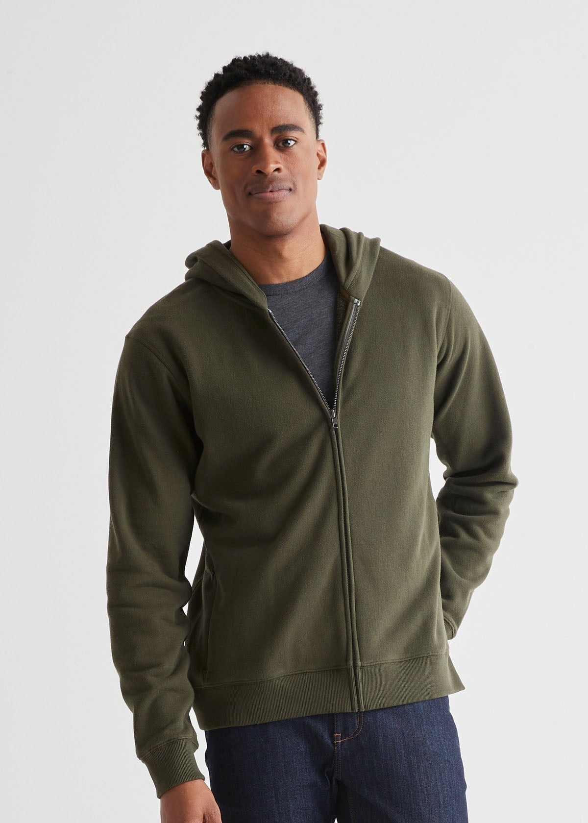 mens green brushed terry zip up hoodie front