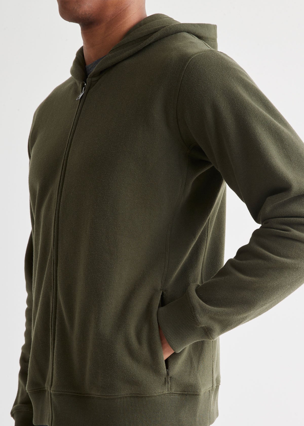 mens green brushed terry zip up hoodie zip pocket detail