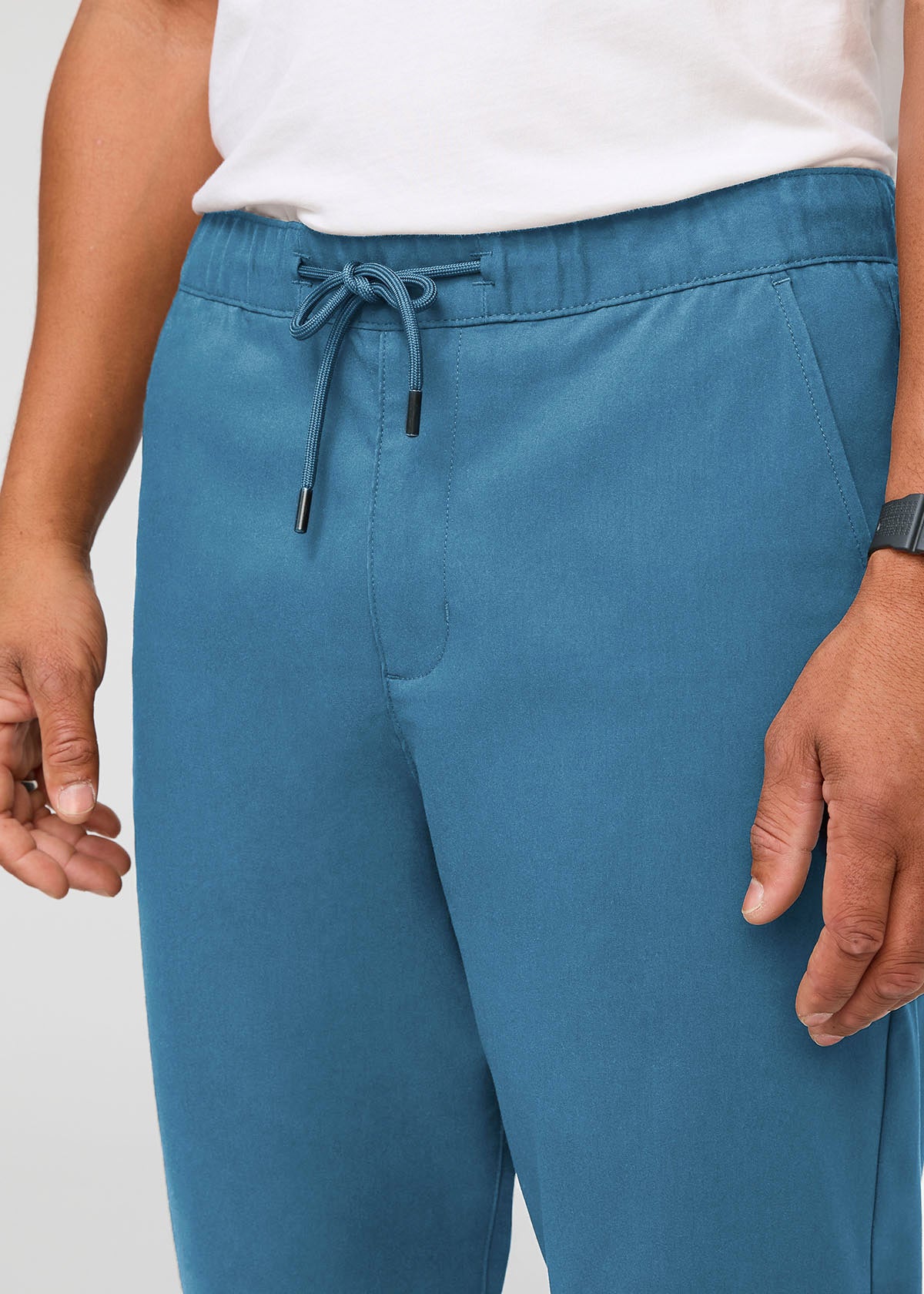 mens blue athleisure jogger front waistband detail