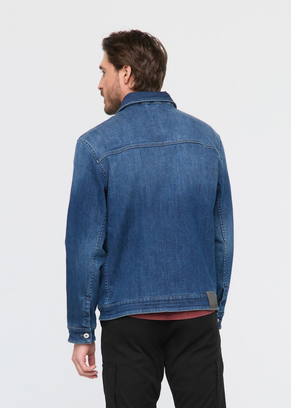 mens blue fleece-lined stretch denim jacket back