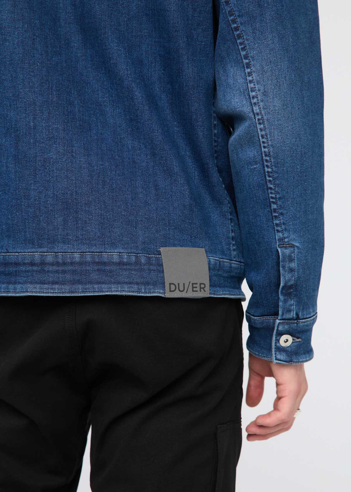 mens blue fleece-lined stretch denim jacket reflective patch details