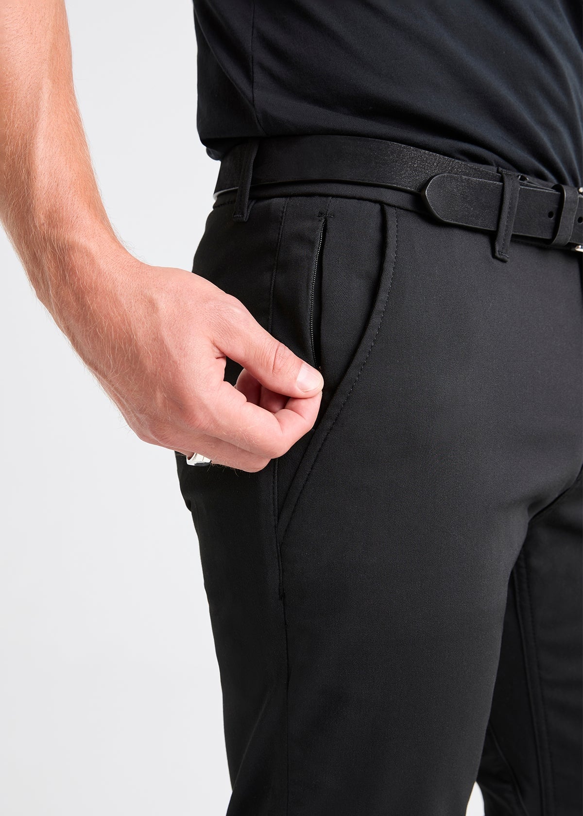 mens black relaxed stretch fit dress pant slash zip pocket