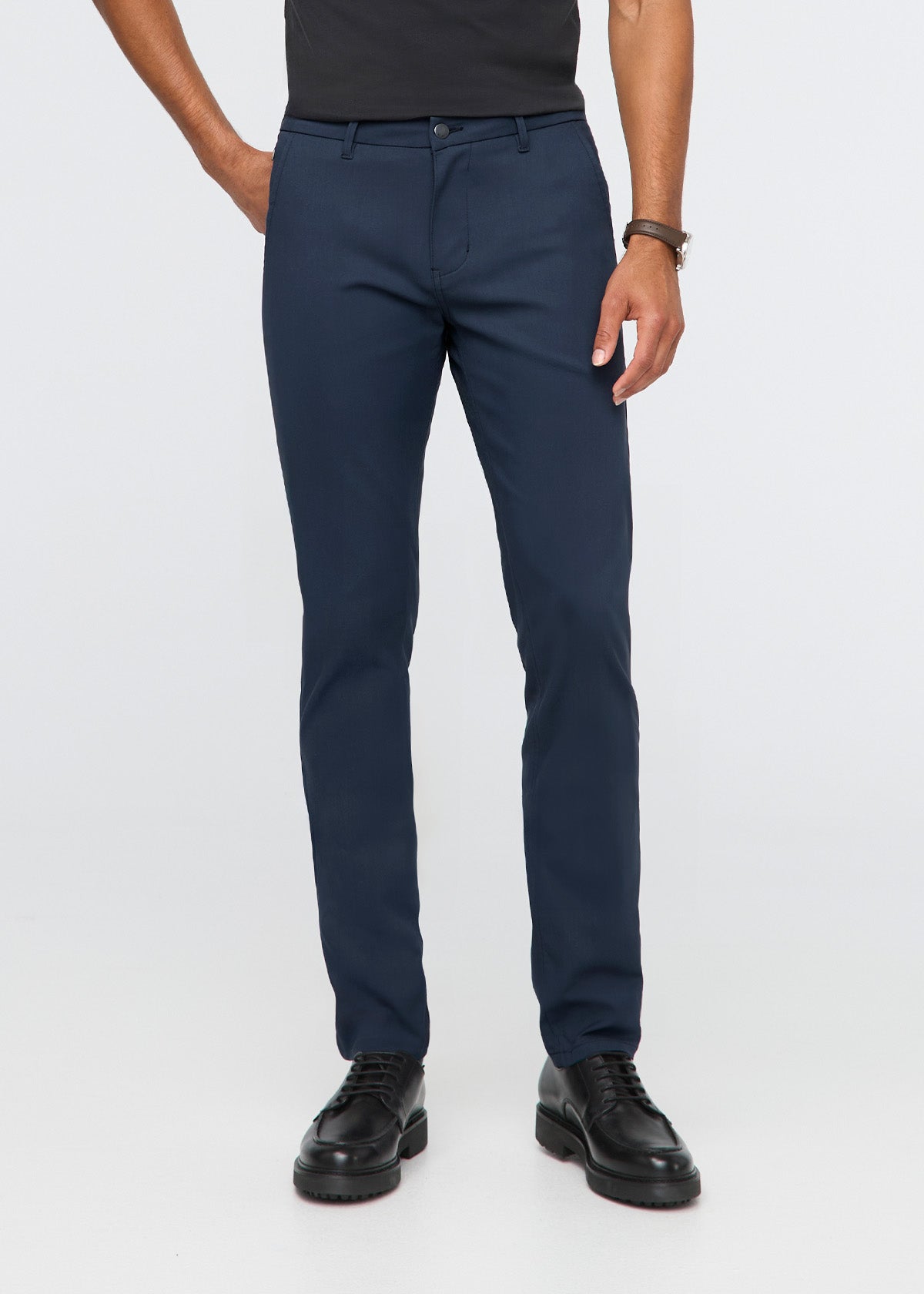 mens navy slim straight fit stretch trouser front