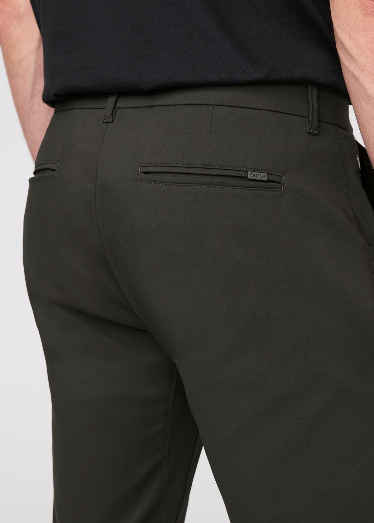 mens dark green slim straight fit stretch trouser back pocket detail