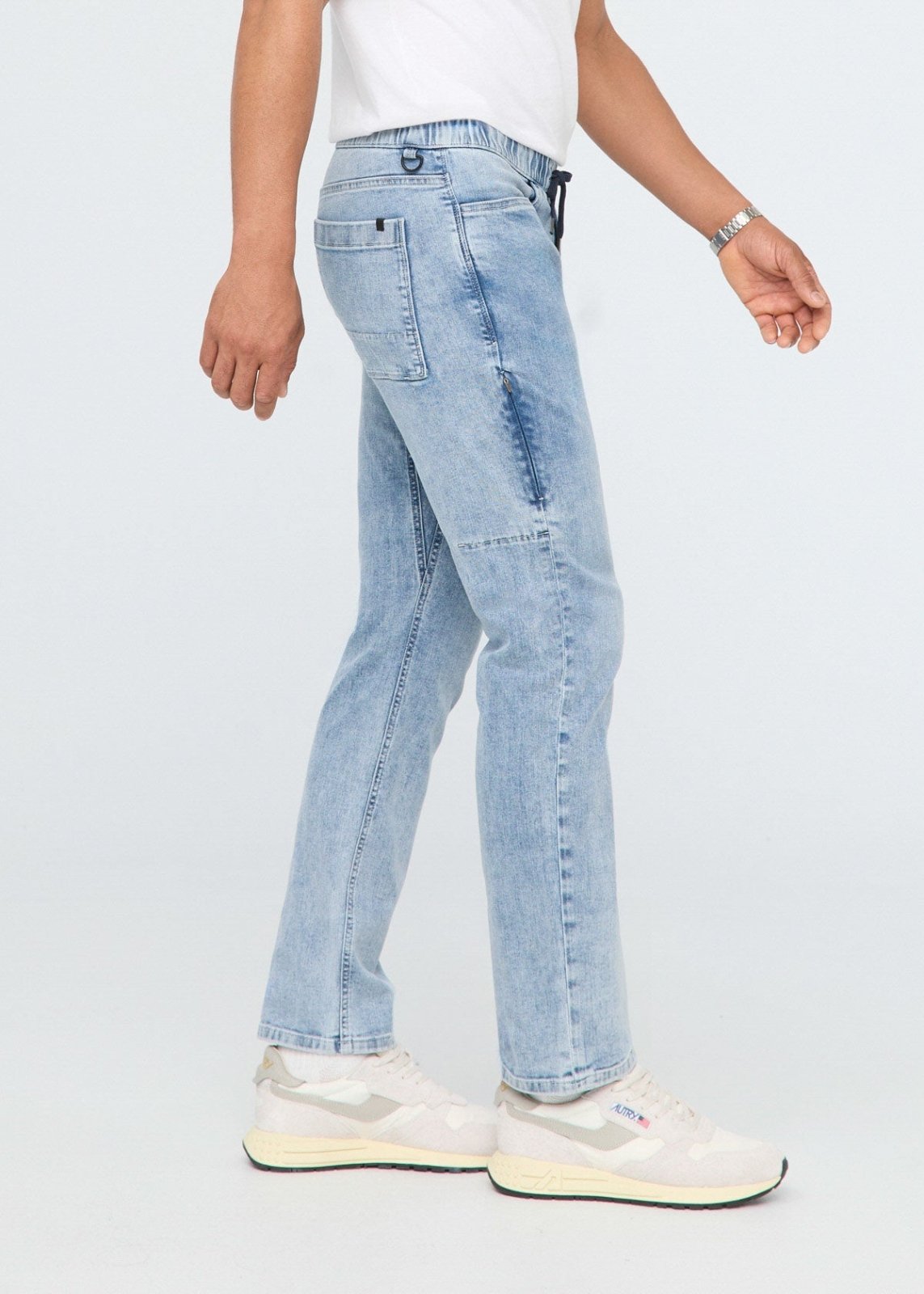 mens light blue pull on stretch denim pant side