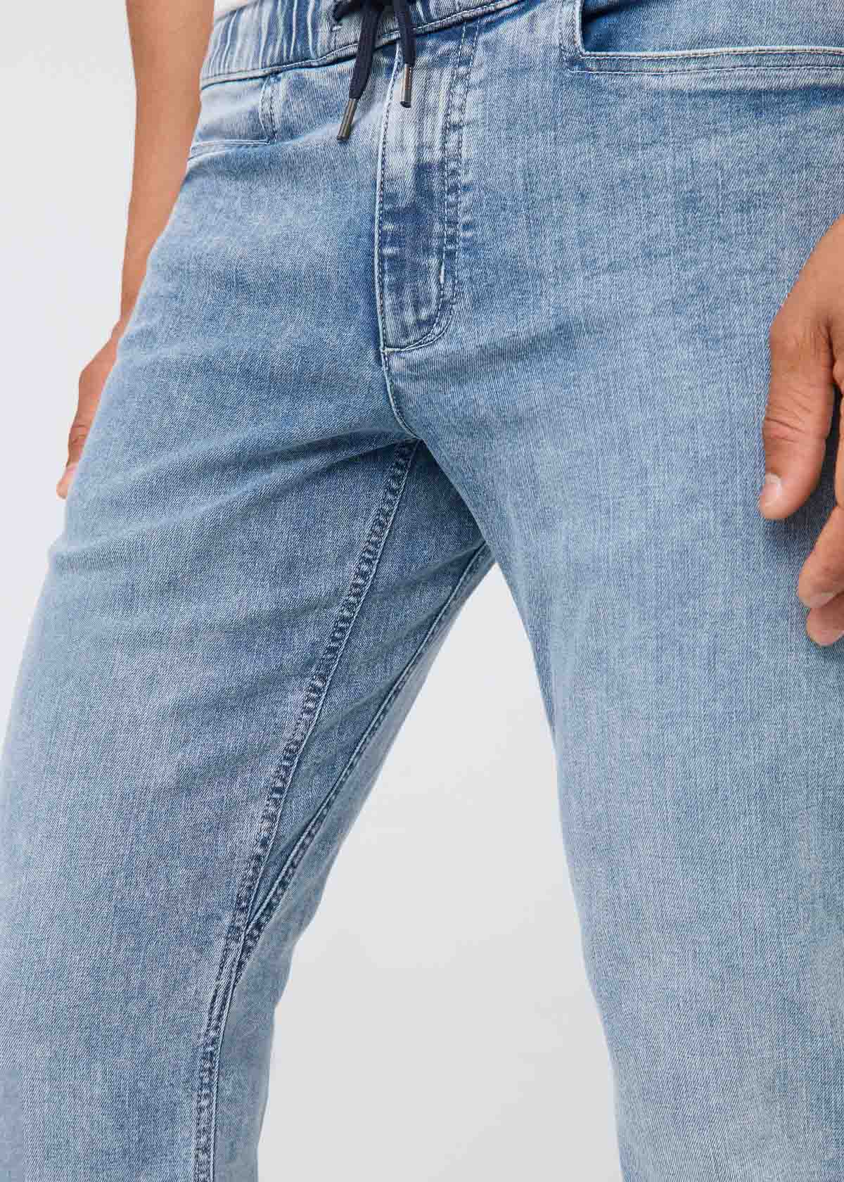 mens light blue pull on stretch denim pant gusset