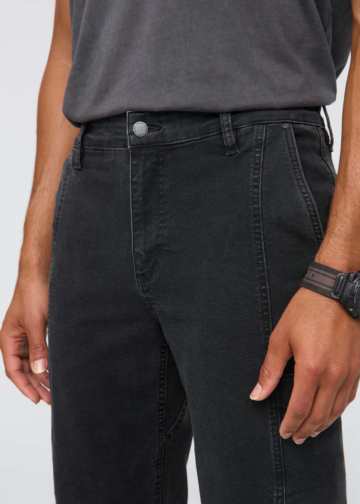 mens black 7 pocket stretch canvas pants front waistband detail