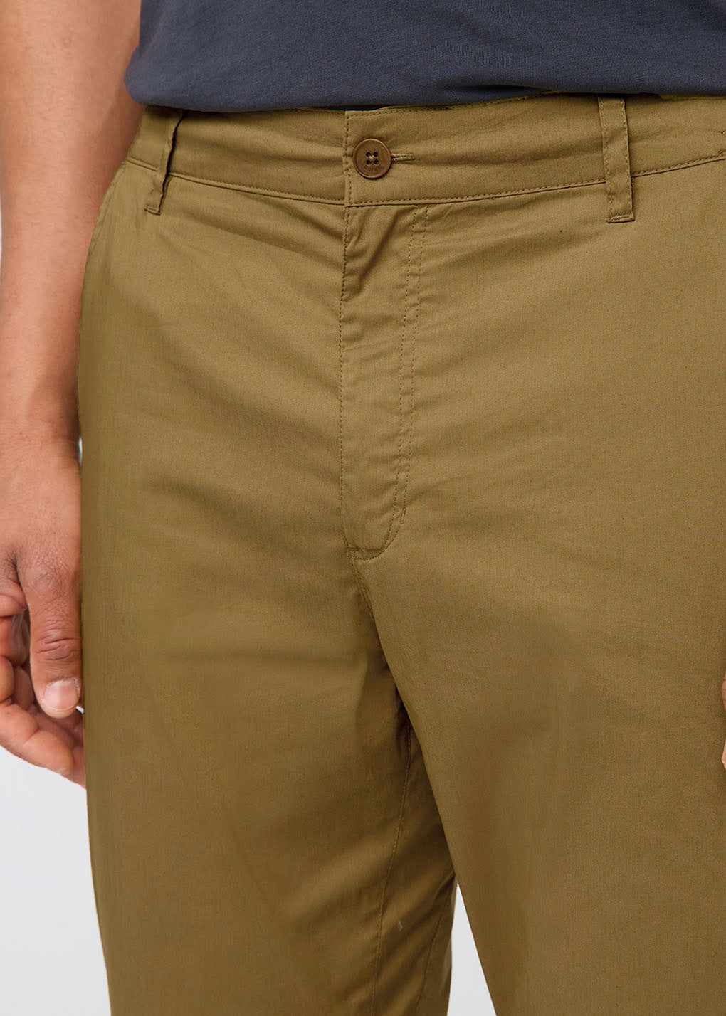 mens brown lightweight summer travel pants front waistband detail