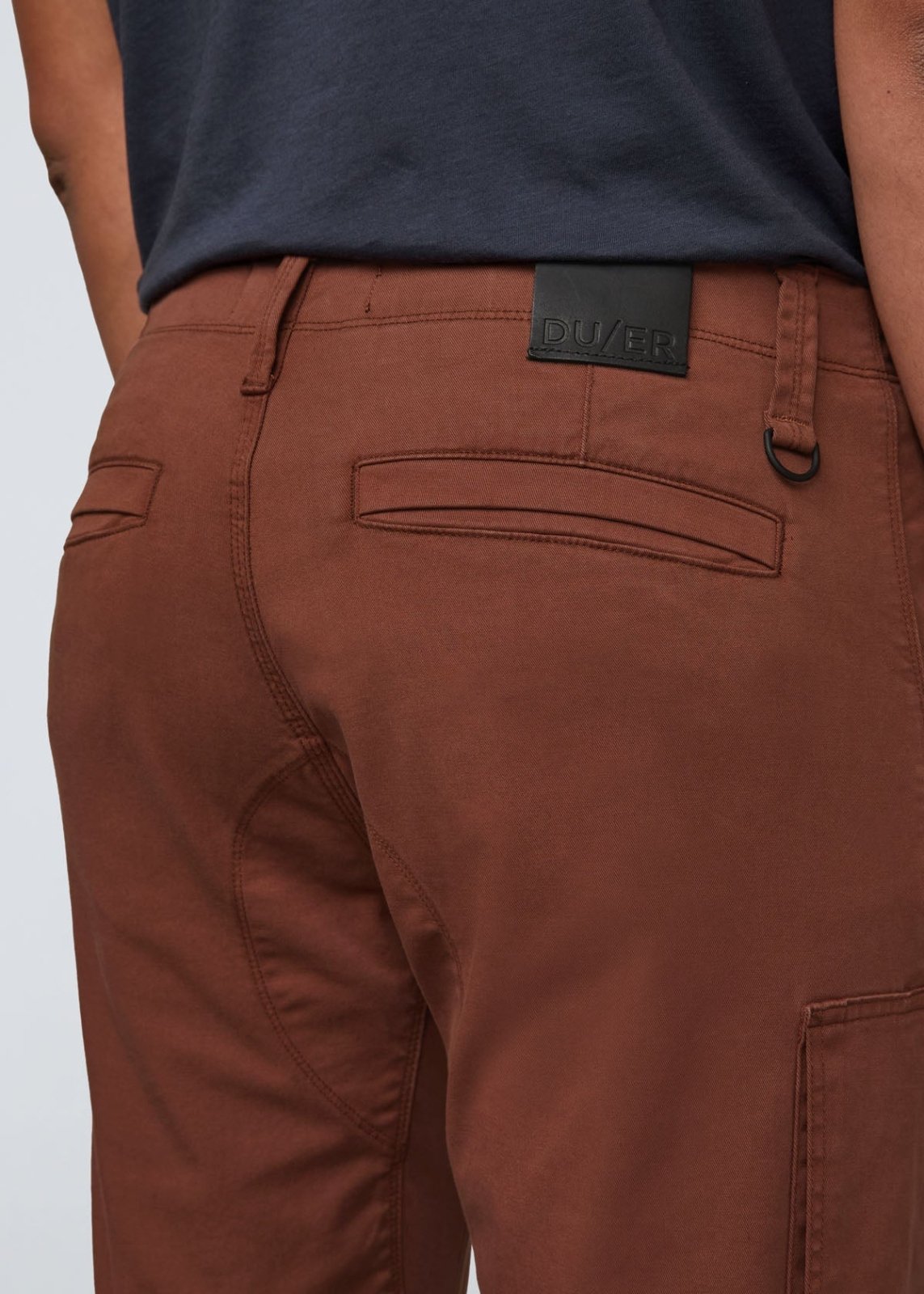 mens relaxed warm brown water resistant cargo pant back waistband detail and keyring