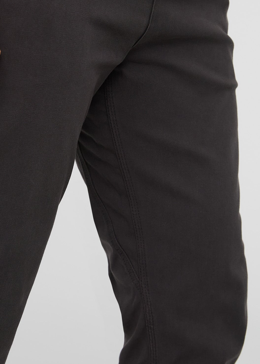mens stretch dark grey chino pants gusset detail