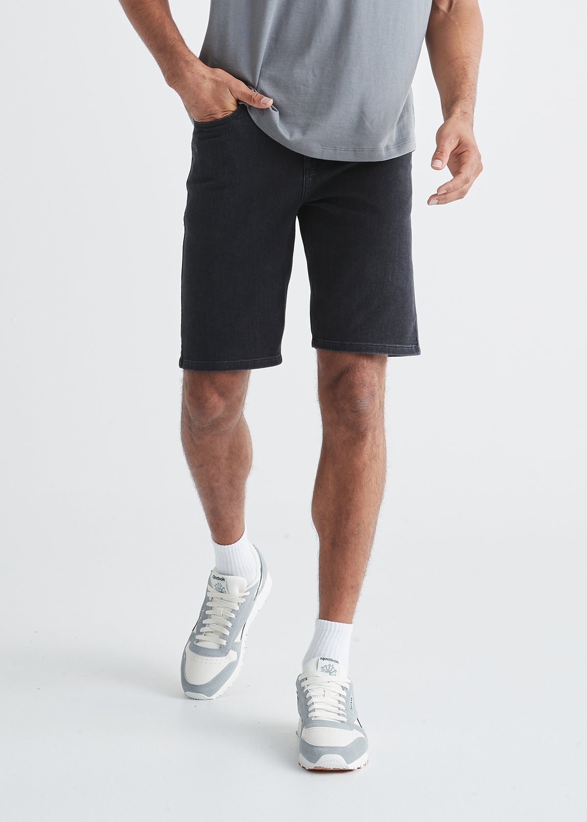 mens black performance denim stretch short front