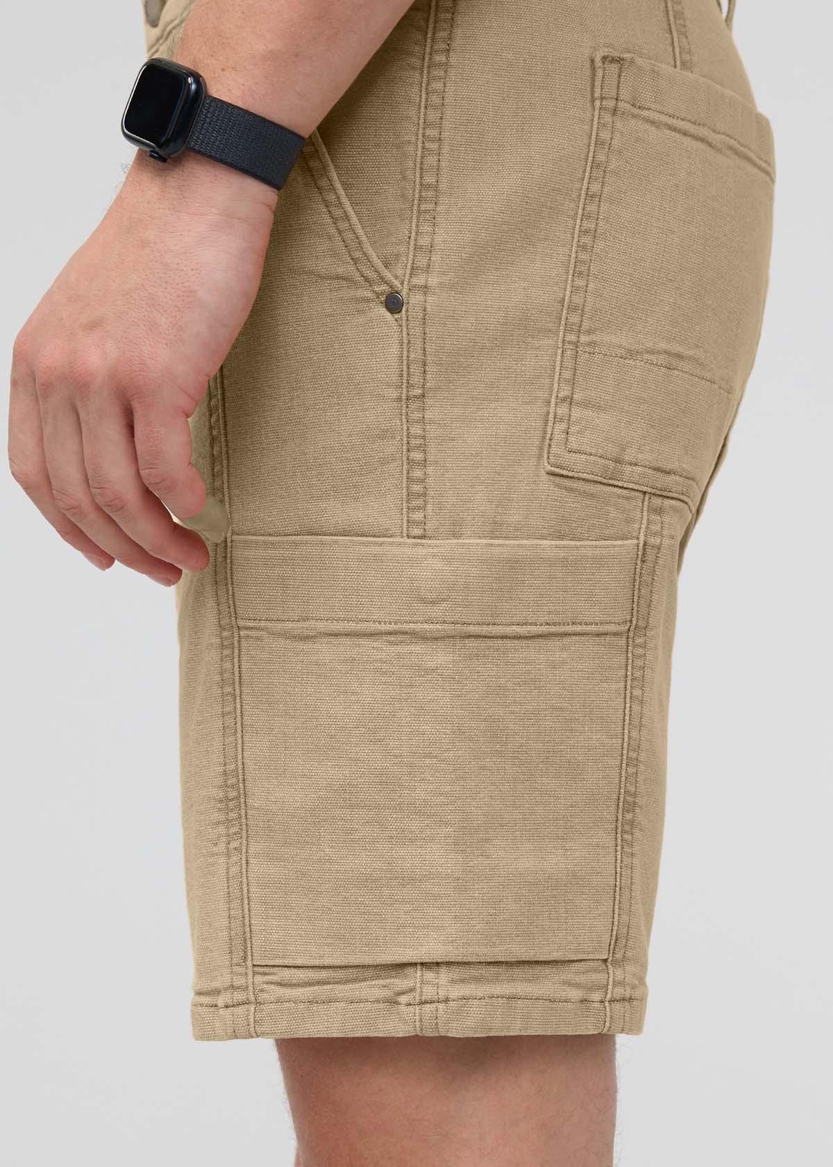 Men's Tan Stretch Canvas Cargo Shorts side pockets
