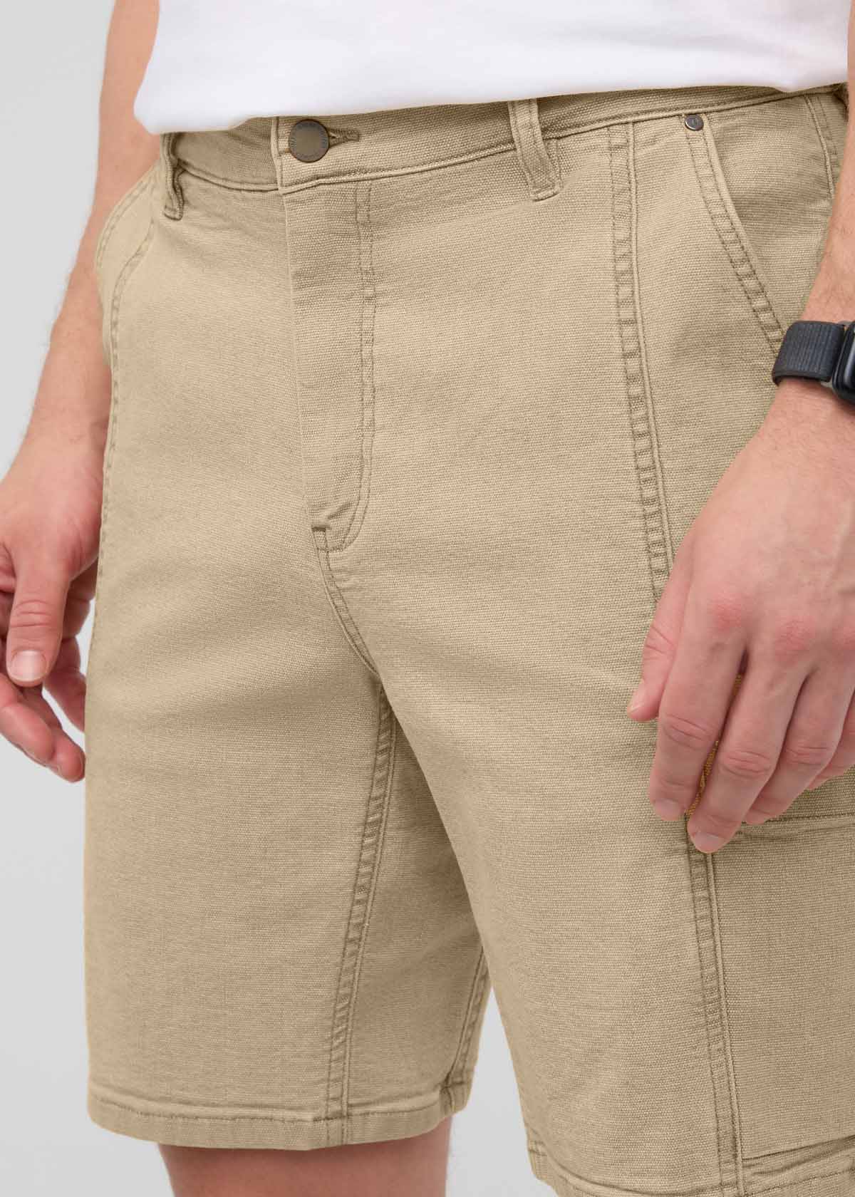 Men's Tan Stretch Canvas Cargo Shorts front waistband detail
