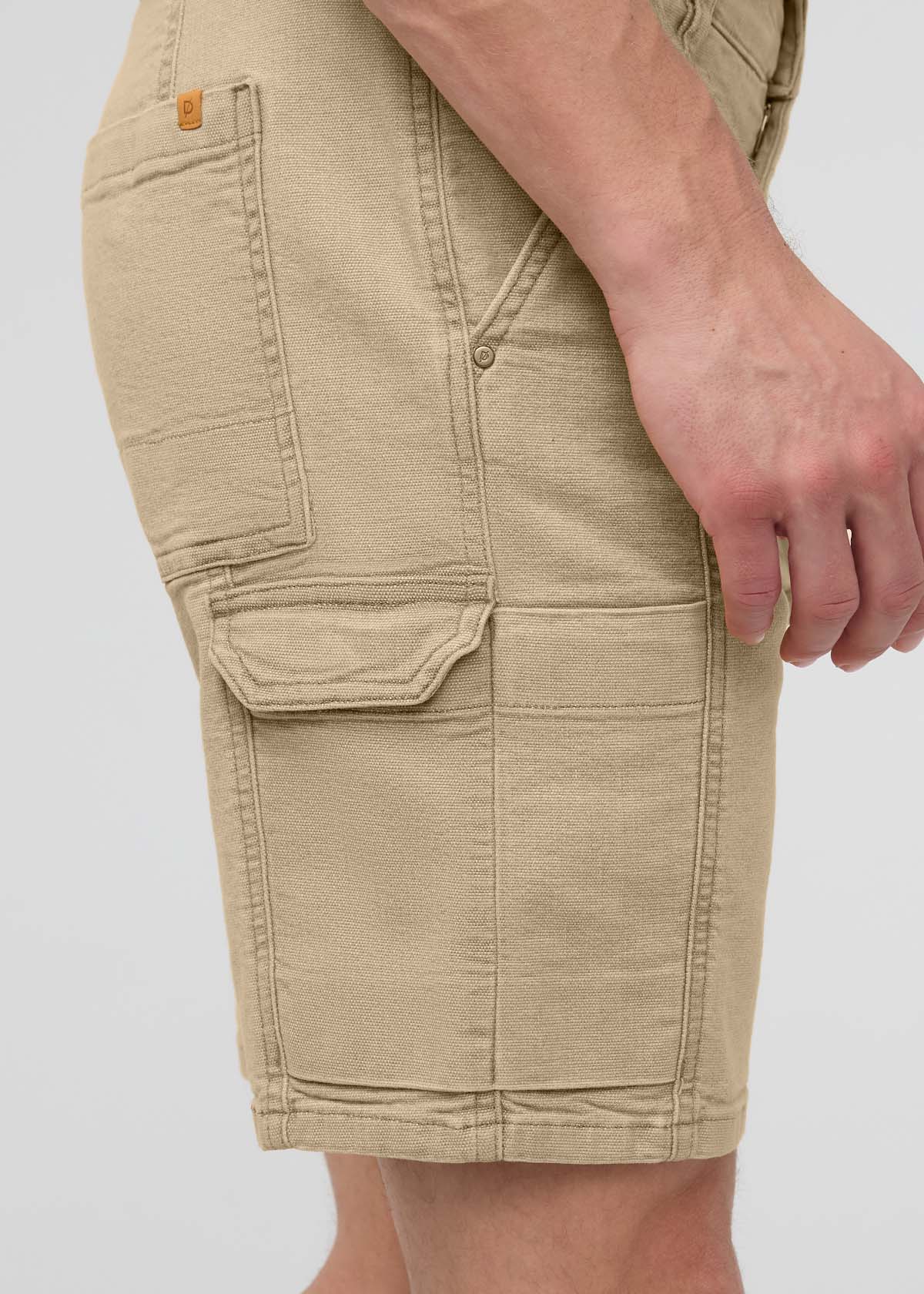 Men's Tan Stretch Canvas Cargo Shorts right side pockets