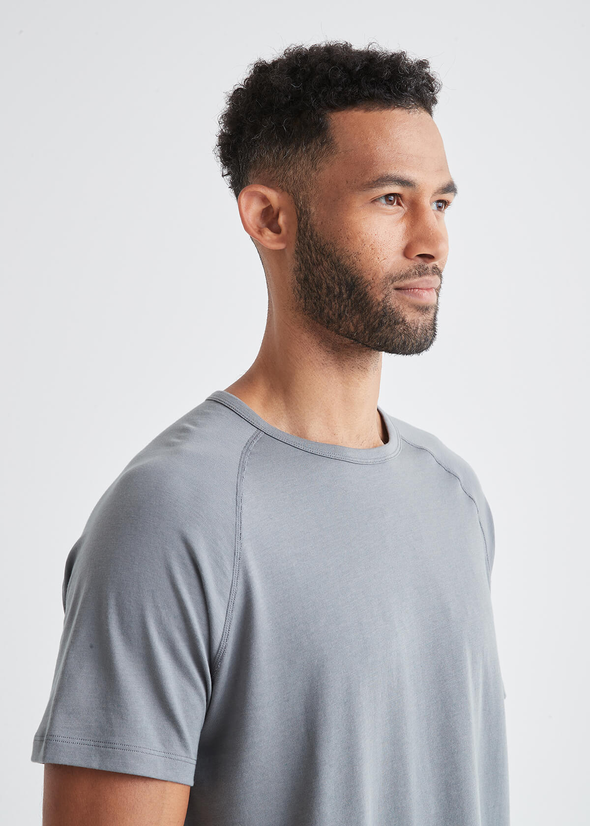 mens grey soft midweight t-shirt front neckline detail