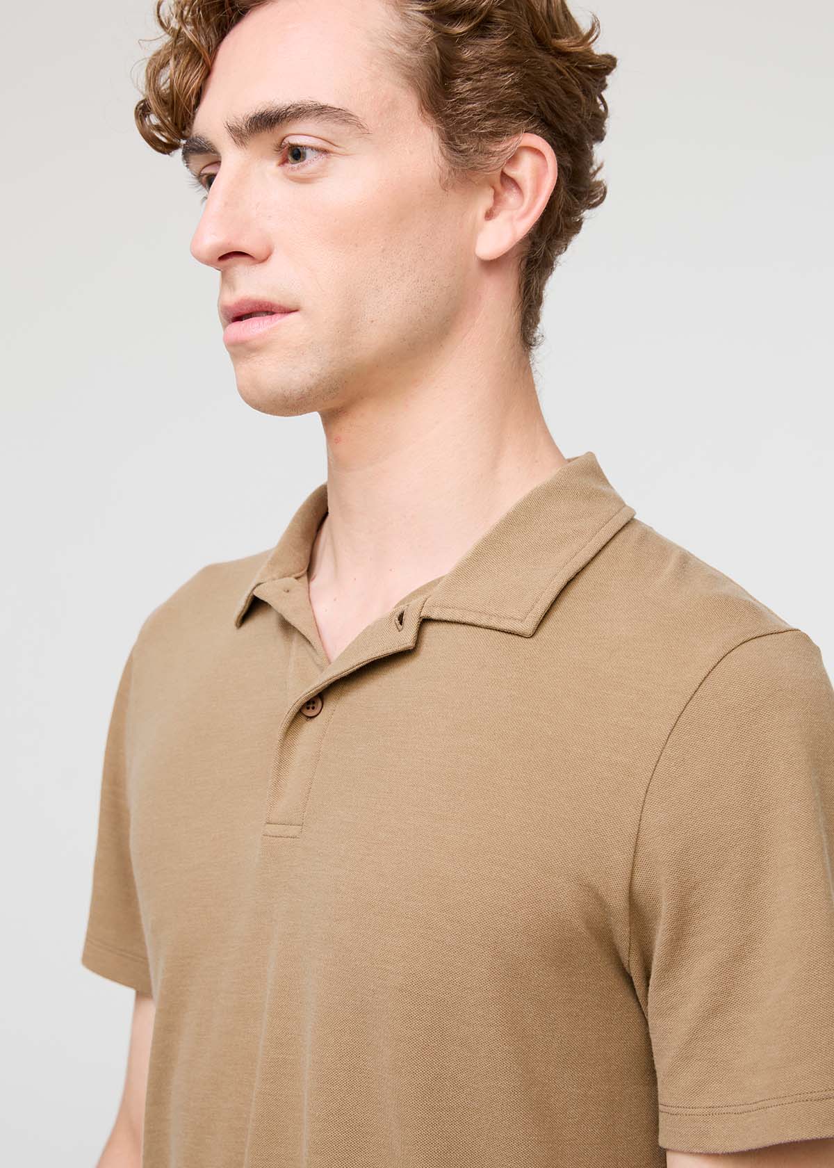 mens breathable beige polo neckline detail