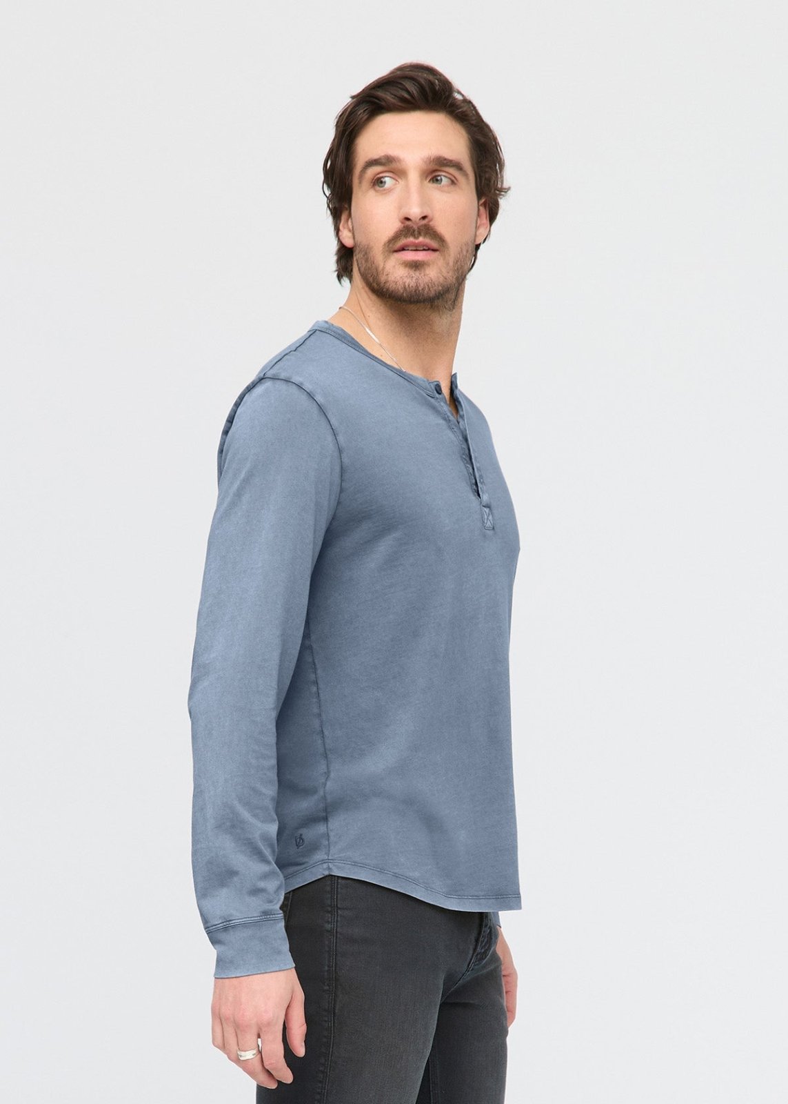 mens 100% pima cotton washed stone blue henley long sleeve side
