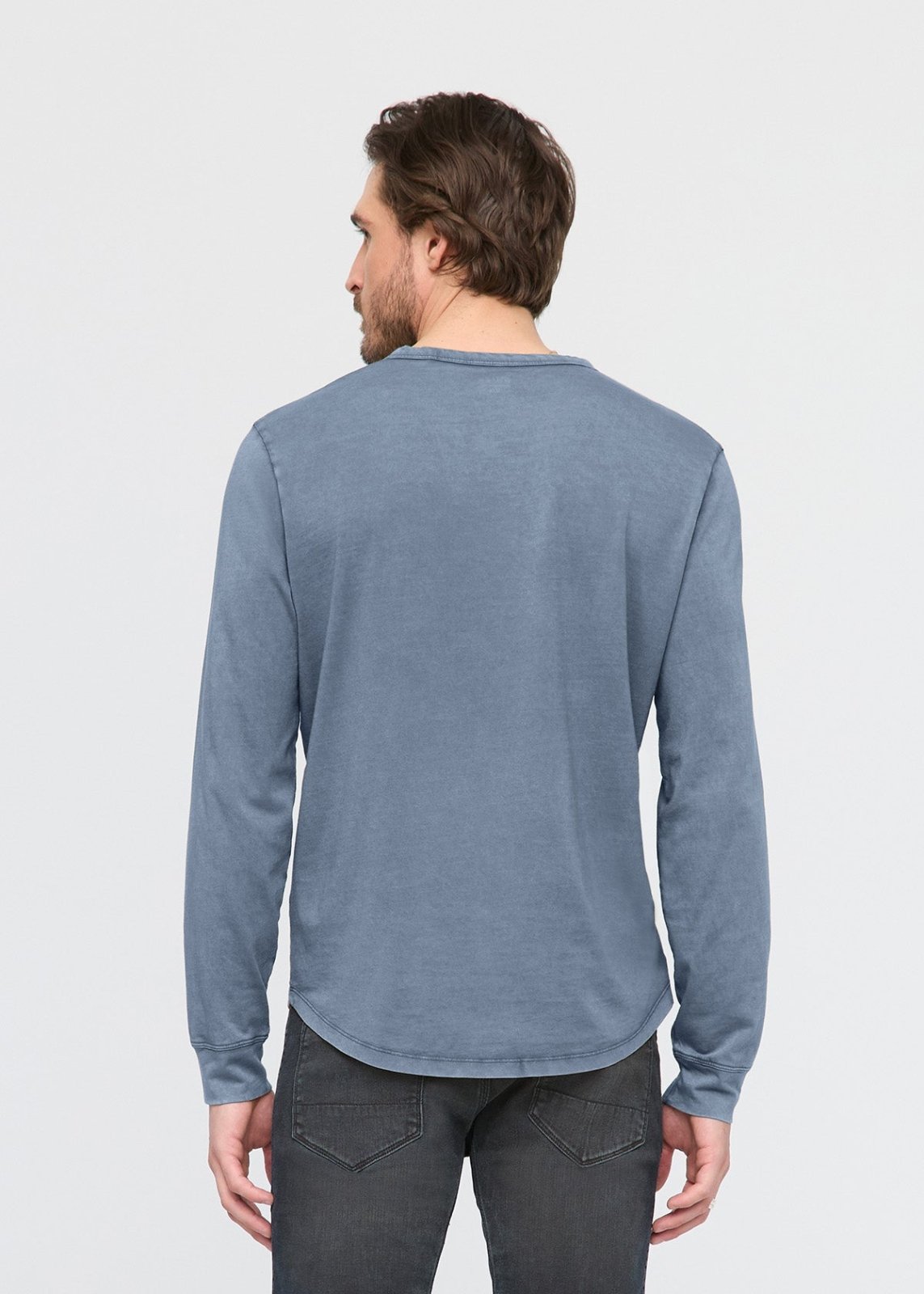 mens 100% pima cotton washed stone blue henley long sleeve back