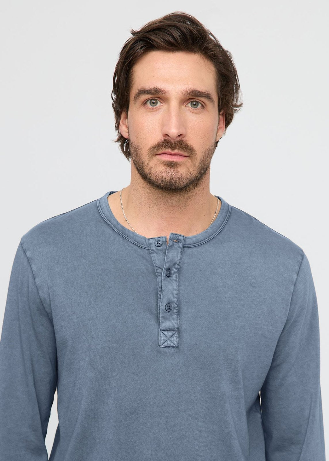 mens 100% pima cotton washed stone blue henley long sleeve neckline detail
