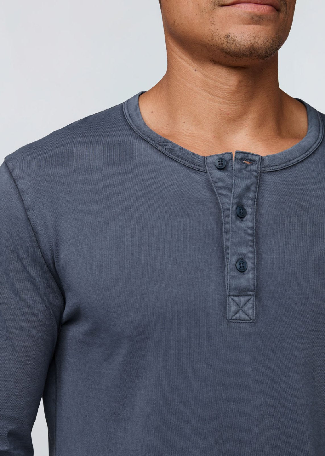 mens 100% pima cotton washed indigo henley long sleeve neckline detail