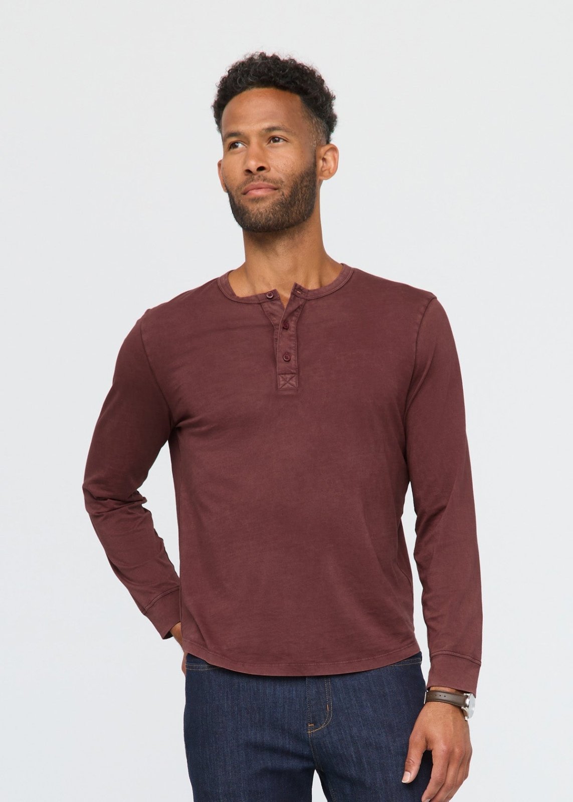 mens 100% pima cotton washed red rock henley long sleeve front