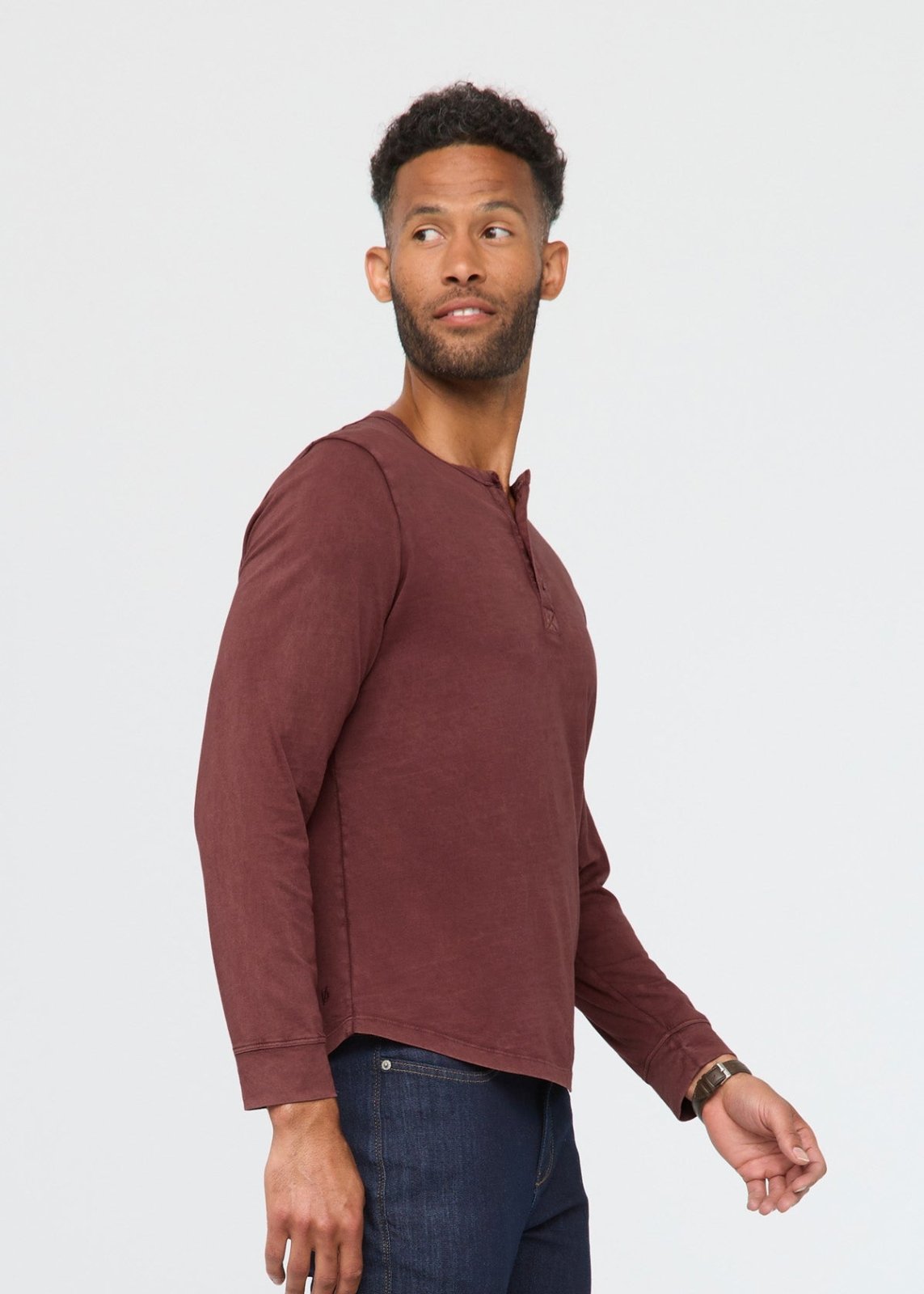 mens 100% pima cotton washed red rock henley long sleeve side