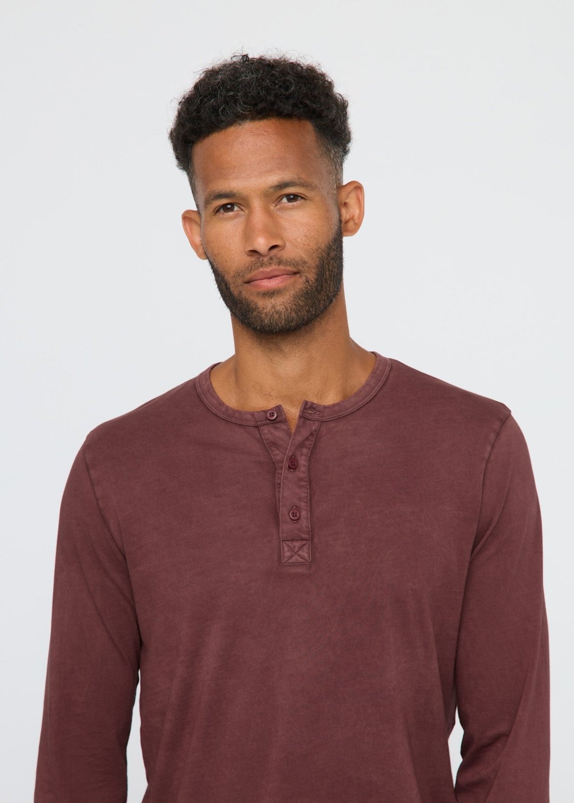 mens 100% pima cotton washed red rock henley long sleeve neckline detail