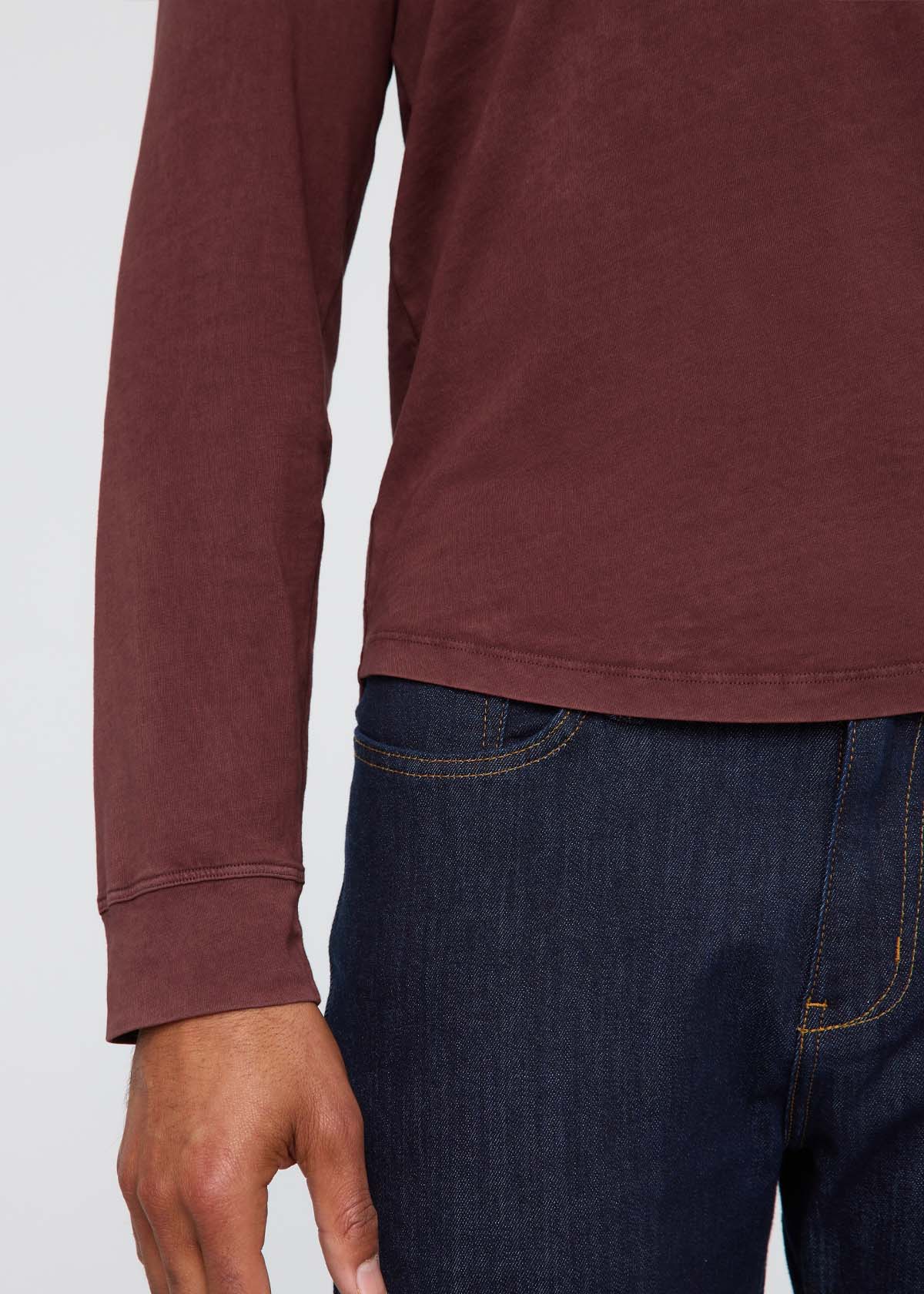 mens 100% pima cotton washed red rock henley long sleeve sleeve and hem detail