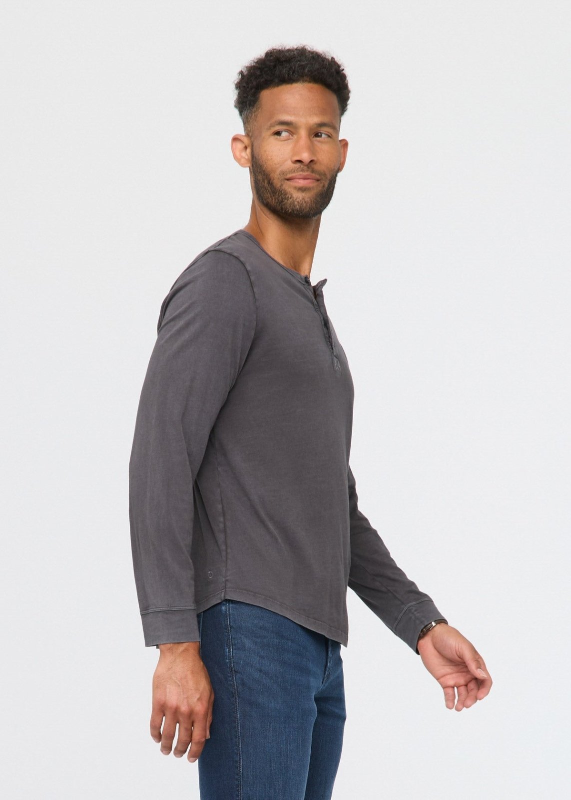 mens 100% pima cotton washed grey henley long sleeve side