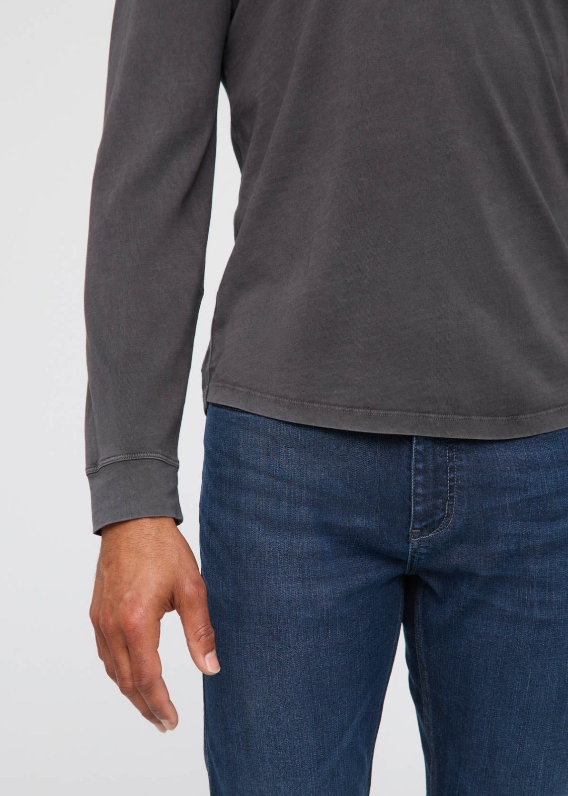 mens 100% pima cotton washed grey henley long sleeve sleeve and hem detail