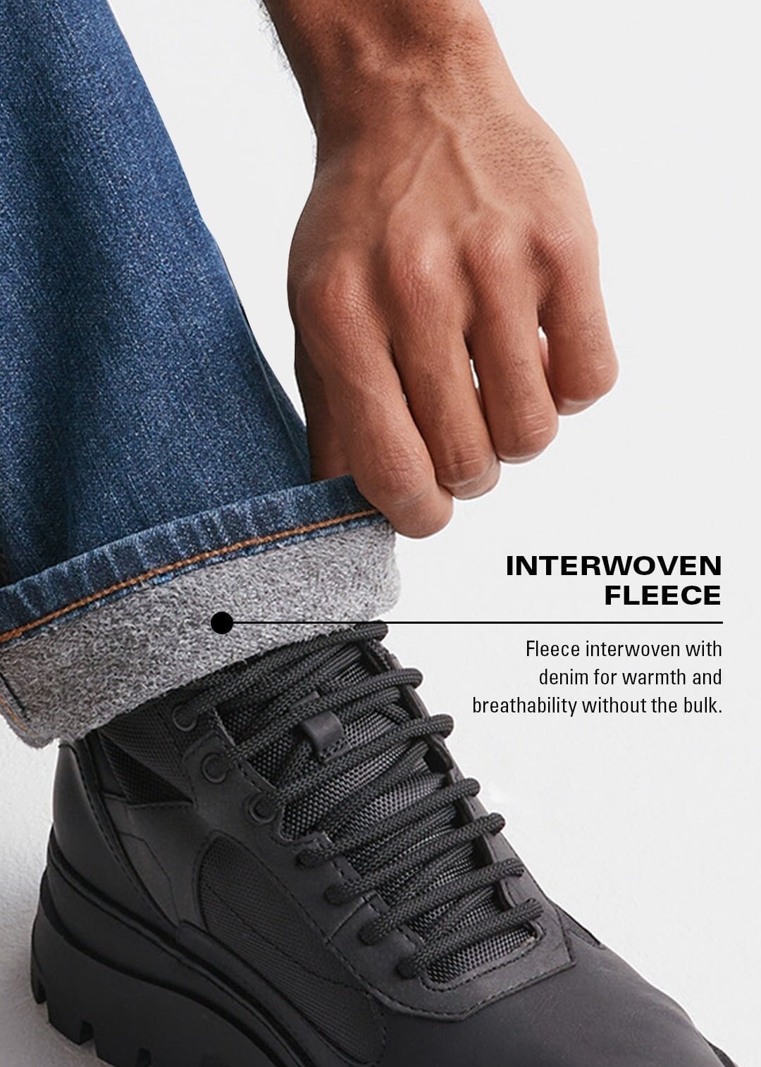 jeans with interwoven fleece for warmth and breathability without the bulk