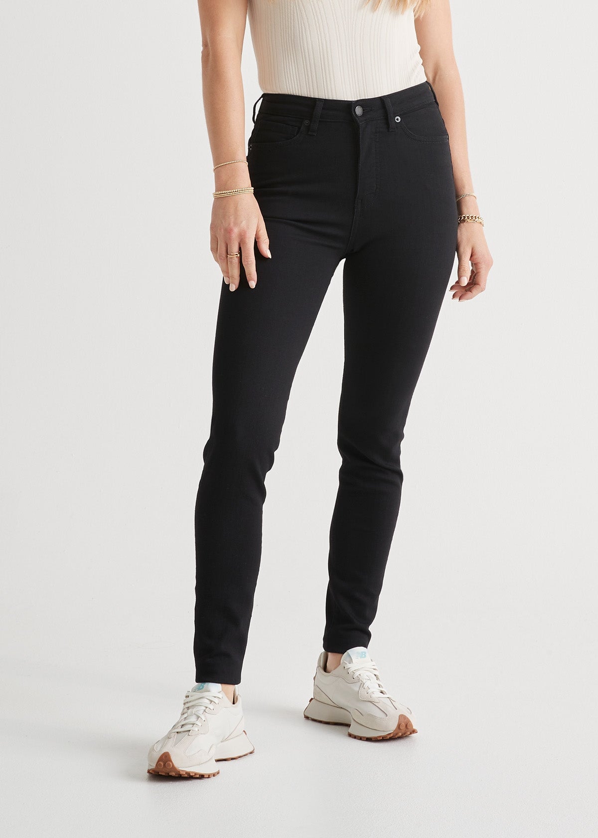 womens high rise stretch denim black skinny front