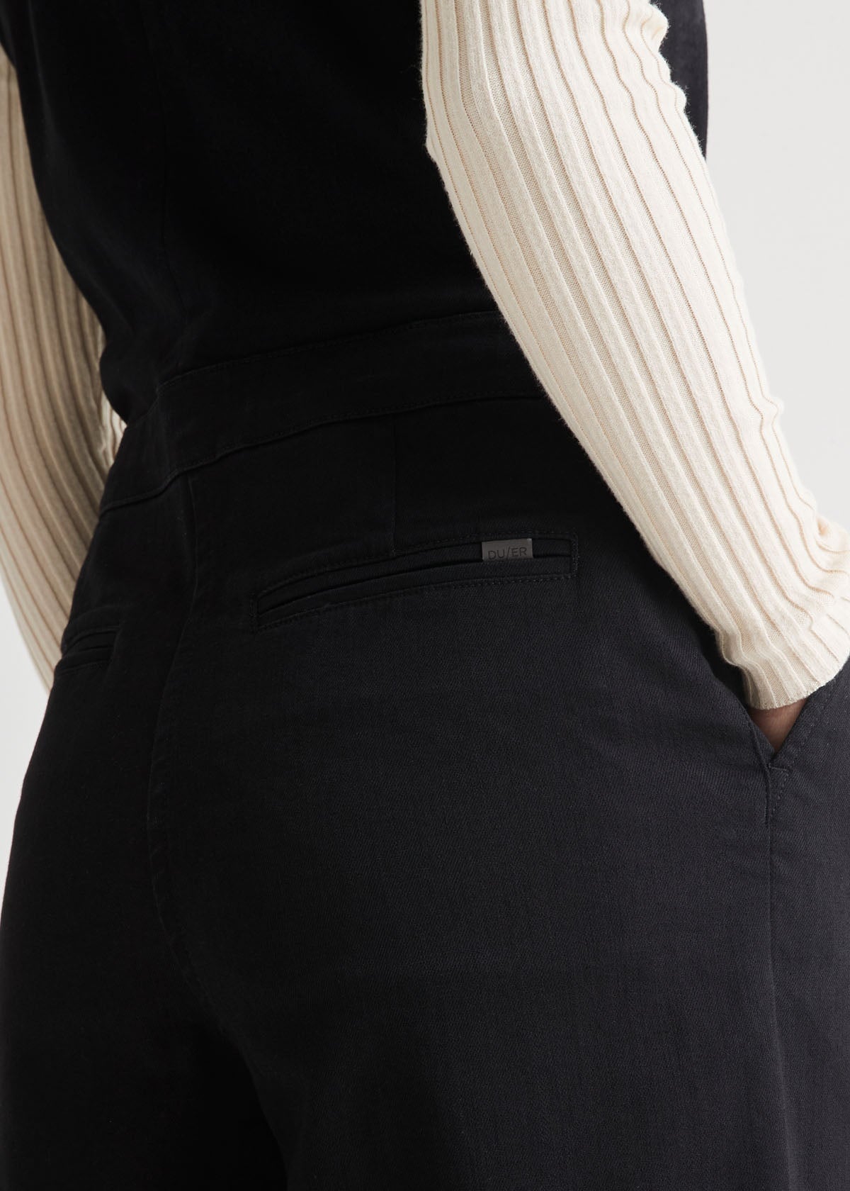 womens stretch denim tailored black jumpsuit back pocket