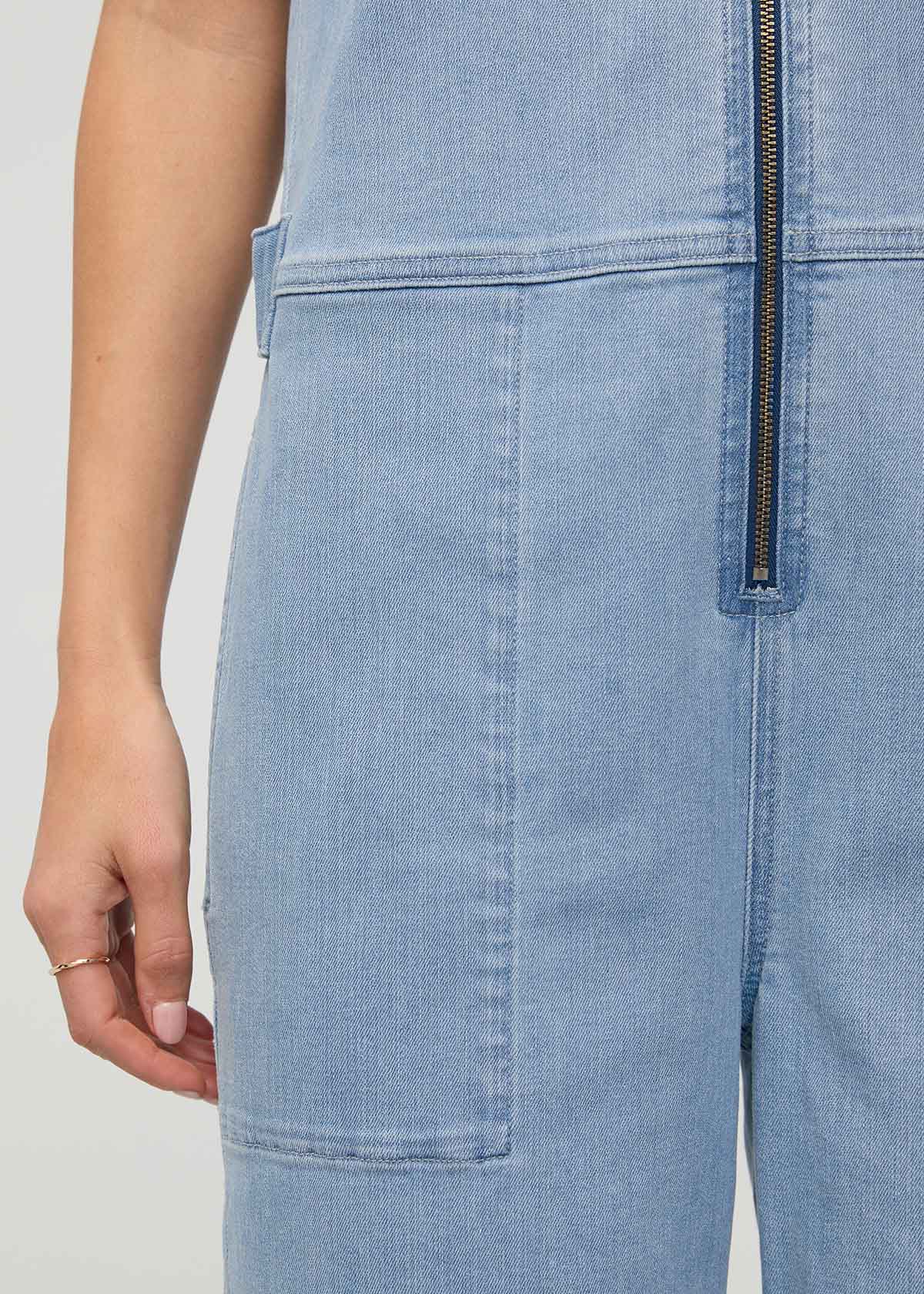 Women's Desert Blue Short Sleeve Denim Jumpsuit Front pocket