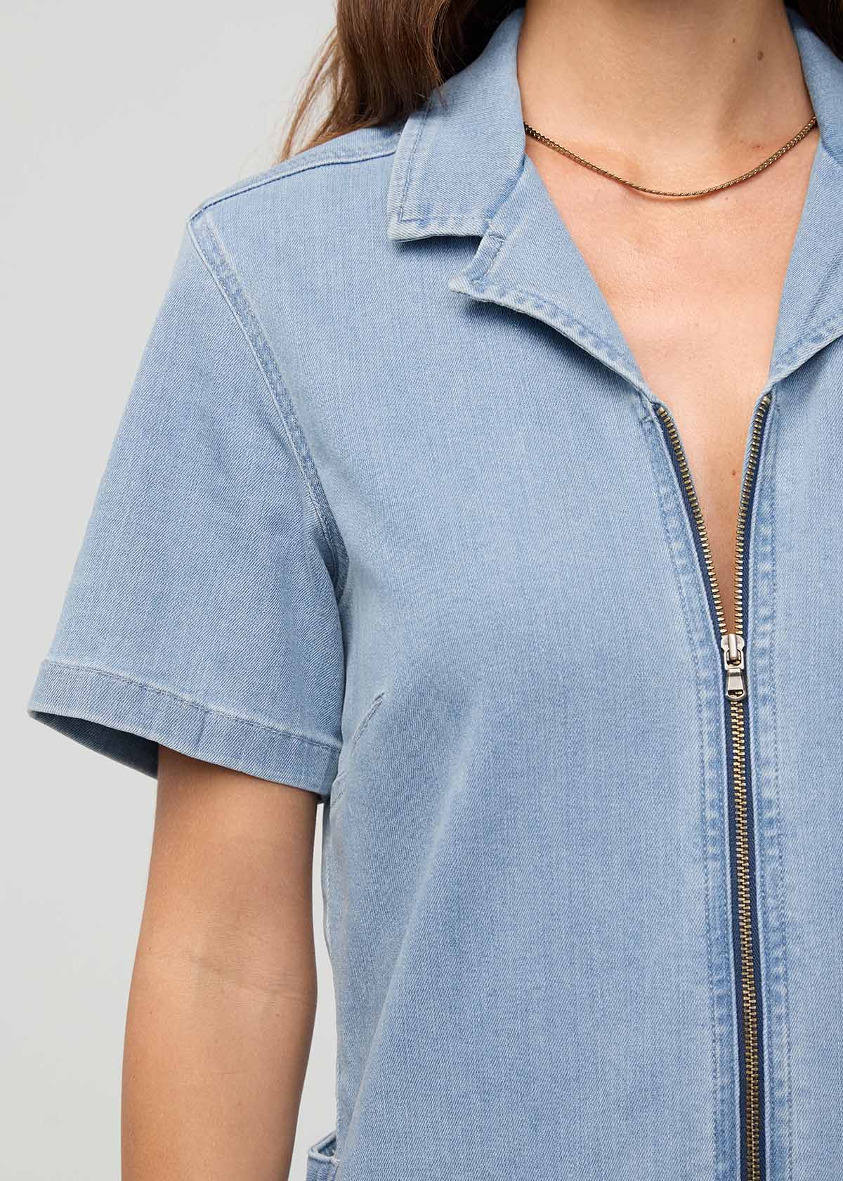 Women's Desert Blue Short Sleeve Denim Jumpsuit Zipper
