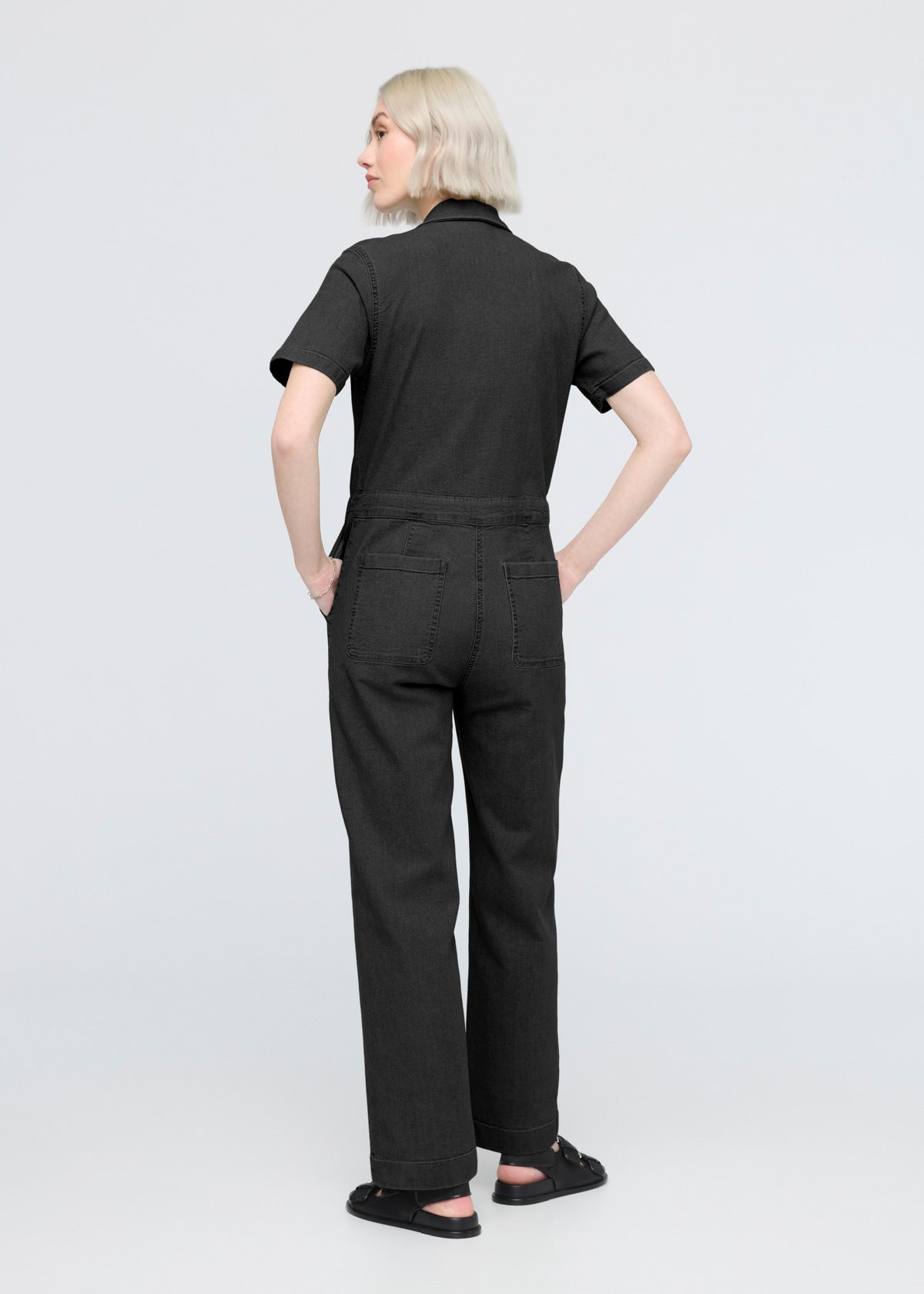 women's black stretch canvas girlfriend jumpsuit back