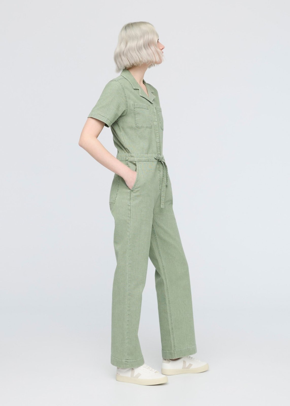 women's light pine stretch canvas girlfriend jumpsuit side