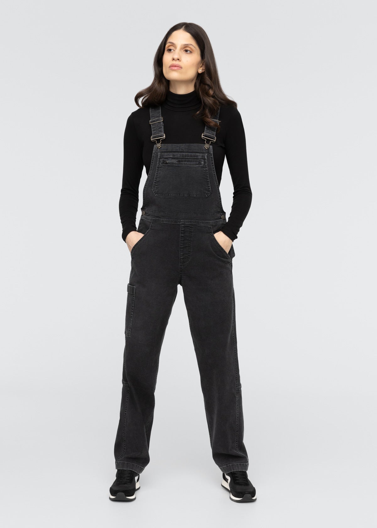 womens black stretch canvas overall front