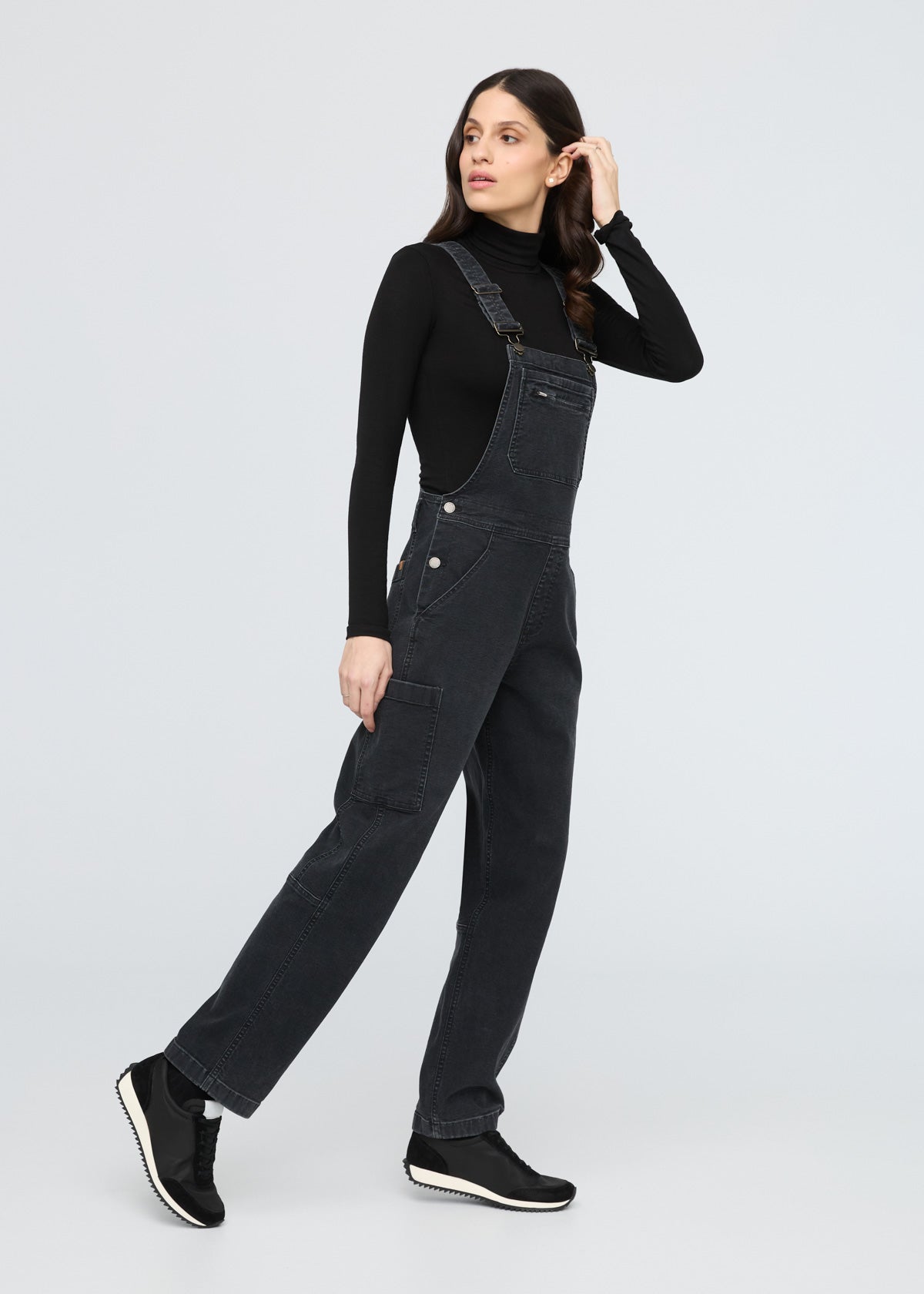 womens black stretch canvas overall side