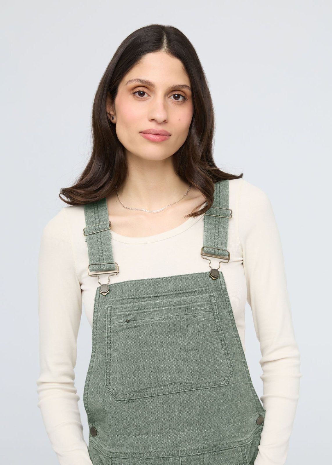 womens pine stretch canvas overalls front straps and pocket