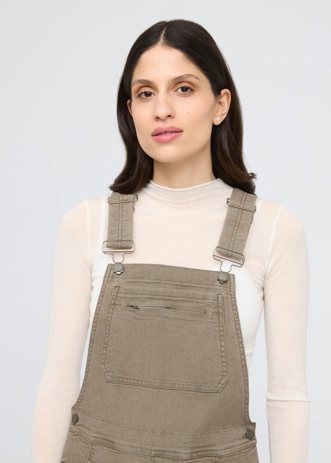 womens teak stretch canvas overalls front straps and pocket